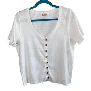Pimkie Collection White Pointelle Henley Top Women's M Short Sleeve Button Front